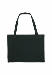 Borsa tote nera in tela con due manici lunghi, forma rettangolare, fondo piatto e senza motivi o accenti visibili. Design semplice e funzionale.