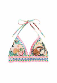 Colorful bikini top with halter neck tie featuring tropical patterns of palm trees, seashells, and ocean waves in pink, green, and blue tones.