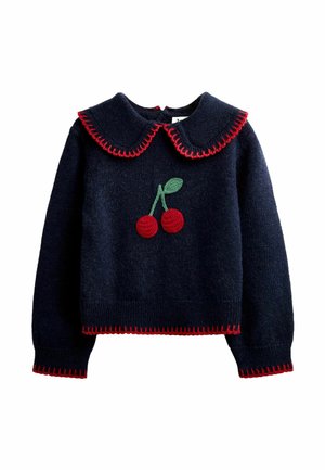 Marineblauer Pullover mit großem Peter-Pan-Kragen, roter Steppnaht und roter Kirschstickerei mit grünen Blättern auf der Brust.