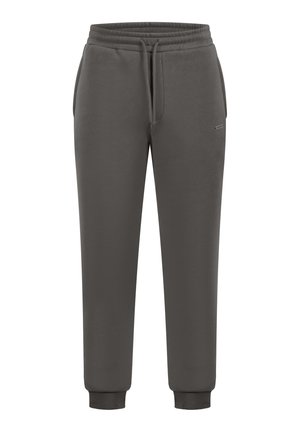 Grå bomuldsjoggingbukser med elastisk talje, snørelukning, sidelommer og ribbede manchetter ved anklen. Enkel, glat tekstur.