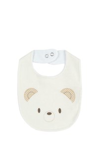 White cotton bib featuring a bear face design with beige accents on ears, button snap closure at the neck. Soft texture, rounded shape.