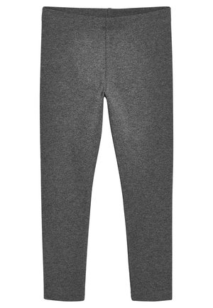 Graue Leggings aus dehnbarem Stoff haben ein eng anliegendes Design, eine glatte Textur und einen einfachen elastischen Bund.