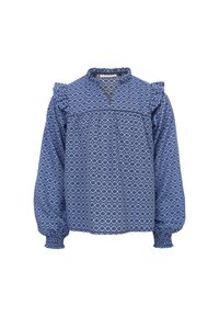 Blauw gemusterde blouse met gerimpelde schouders, lange ballonmouwen en een geplooide halslijn, met een diamanten ontwerp overal.