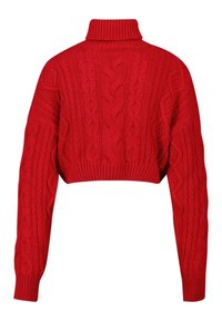 Roter, kurz geschnittener Pullover mit strukturiertem Zopfmuster, geripptem Kragen und langen Ärmeln mit filigranen Mustern.