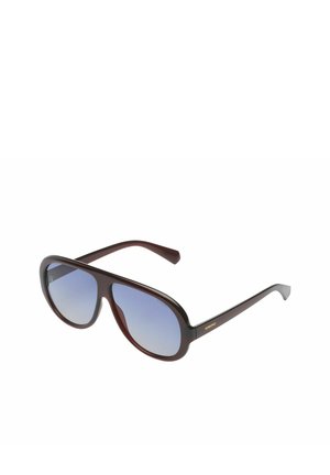 Lunettes aviator surdimensionnées marron foncé avec des verres dégradés bleus et des branches fines sur fond blanc.