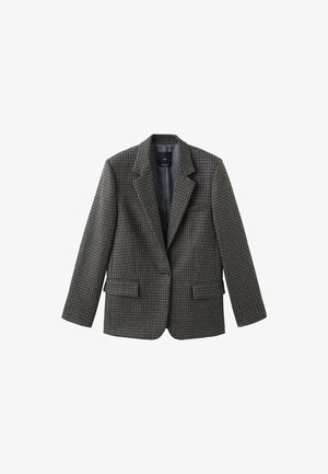 Blazer à carreaux en gris foncé et noir. Présente des revers à cran, deux poches avant, une fermeture à un bouton et une doublure intérieure lisse.