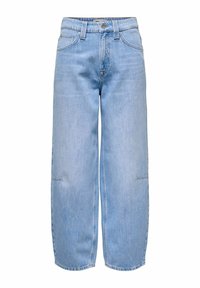 Ljusblå vida jeans av denim, med en klassisk femficksdesign, framknappslås och minimala stickningsdetaljer.
