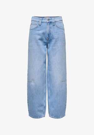 Světle modré džínové široké kalhoty s klasickým pětikapsovým designem, předním zapínáním na knoflík a minimem švů.