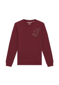 Burgundy sweatshirt made of soft fabric, featuring long sleeves and a round neckline. Includes a simplify bird design with "self love" text.