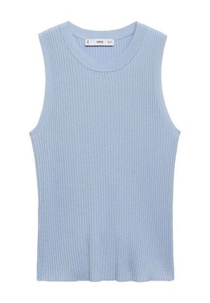 Lys blå ribbet tanktop med rund hals og uden ærmer, som har en glat tekstur og en udskåret kant nederst.