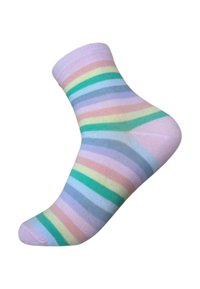 Calzini alla caviglia in cotone con strisce orizzontali multicolori in tonalità pastello di rosa, verde, blu e lavanda. Texture morbida e polsino a coste.