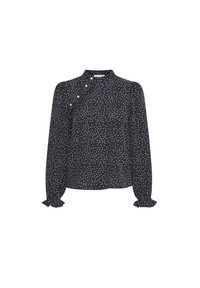 Blusa nera con pois bianchi, colletto alto, dettaglio asimmetrico con bottoni, maniche lunghe con polsini a volant, tessuto leggero.