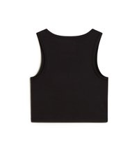 Top corto nero senza maniche con collo rotondo, realizzato in tessuto morbido. Presenta bordi lisci e un design semplice e minimalista.