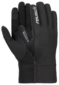 Black gloves made of Gore-Tex with a textured surface, smooth palms, fitted cuffs, and printed logo detailing on the back.