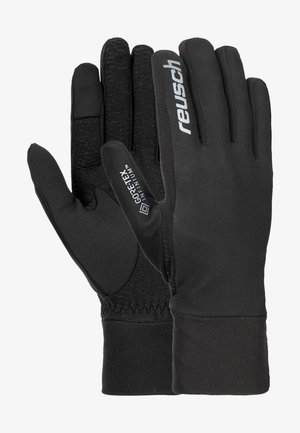 Black gloves made of Gore-Tex with a textured surface, smooth palms, fitted cuffs, and printed logo detailing on the back.