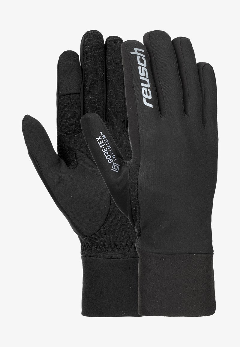 Schwarze Handschuhe aus Gore-Tex mit einer strukturierten Oberfläche, glatten Handflächen, enganliegenden Bündchen und bedrucktem Logodesign auf der Rückseite.