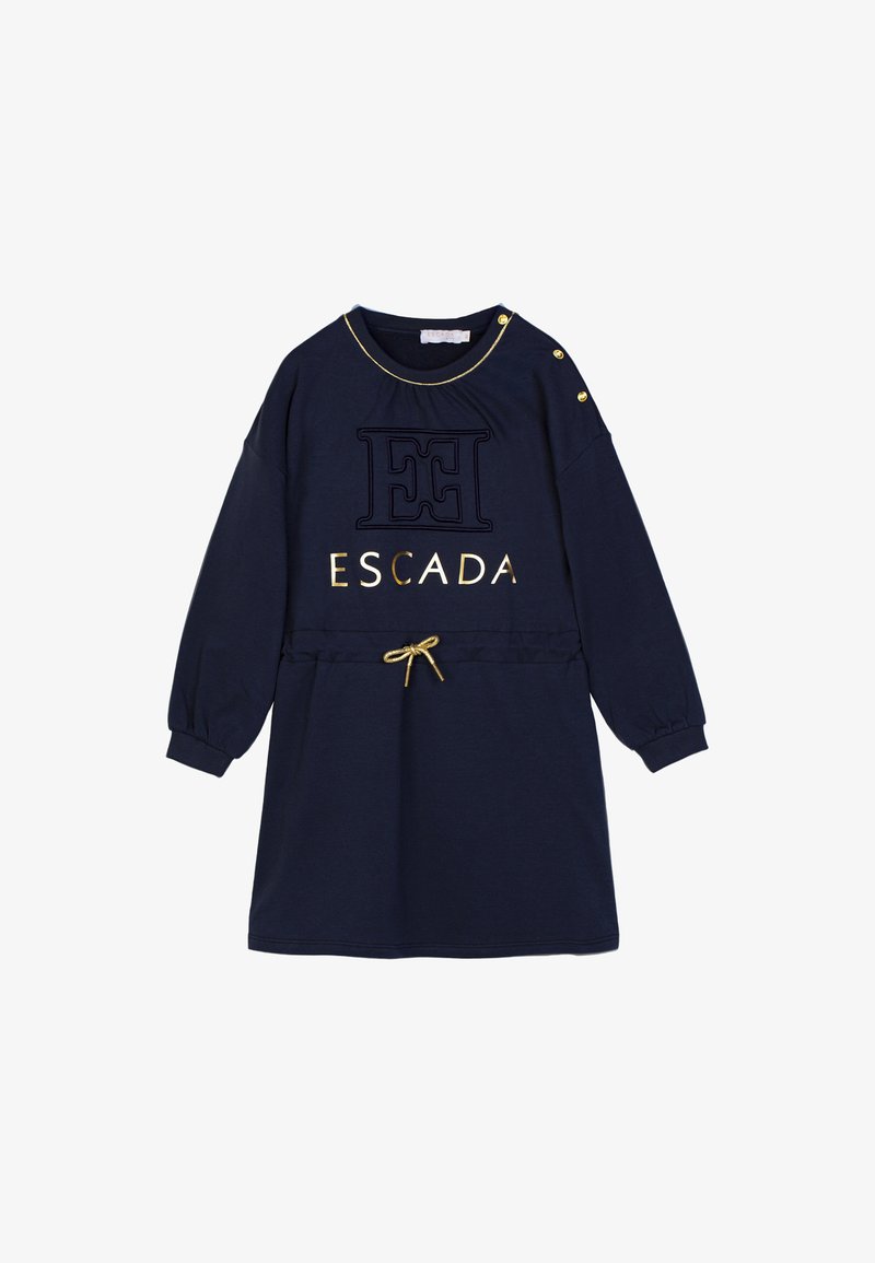 Marineblaues Langarmkleid mit goldenem Escada-Logo, goldenem Kragenbesatz, drei goldenen Knöpfen an der Schulter und goldenem Kordelzug in der Taille.