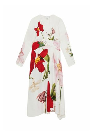 Weißes langärmliges Wickelkleid mit großen roten, pinken und gelben Blumenmustern und grünen Blättern, mit geknöpften Manschetten und asymmetrischem Saum.