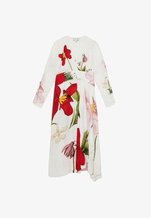 Weißes langärmliges Wickelkleid mit großen roten, pinken und gelben Blumenmustern und grünen Blättern, mit geknöpften Manschetten und asymmetrischem Saum.