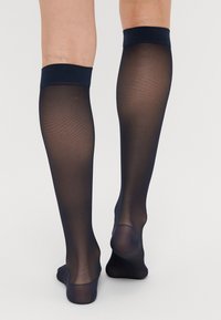 Námornícke ponožky po kolená vyrobené z priesvitného materiálu so pevným, textúrovaným lemom. Dizajn sa vyznačuje hladkým povrchom bez viditeľných vzorov.