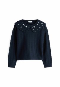 Dunkelblauer Pullover mit strukturiertem Strickdesign, versehen mit einem großen, bestickten Kragen, der mit dekorativen Perlen geschmückt ist, und langen Ärmeln.
