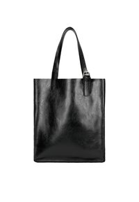 Borsa tote in pelle nera con due manici lunghi, textura liscia, forma rettangolare, design minimale e un dettaglio con fibbia su un manico.