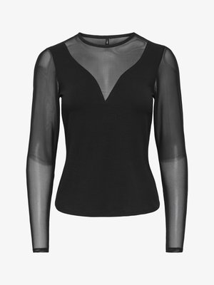 Sort top til kvinder med lange ærmer i gennemsigtigt mesh på ærmer og øverste del af brystet, med dyb V-udskæring og meshindsats.