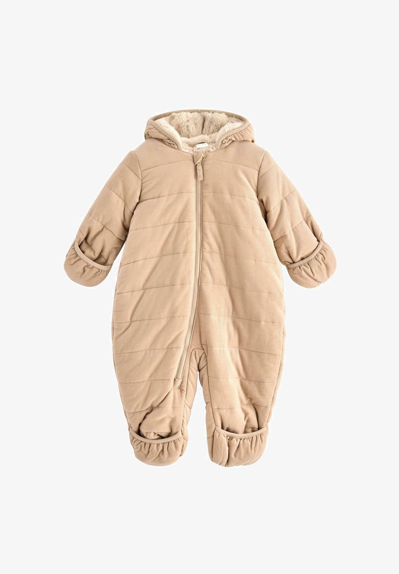 Beige gefütterter Kinderschneeanzug mit durchgehendem Reißverschluss, Kapuze, elastischen Bündchen und weichem Fleecefutter für Wärme. Gestepptes Muster im gesamten Anzug.