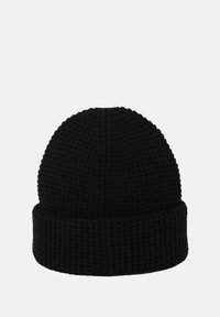 Black knitted beanie with a textured ribbed design, featuring a folded cuff at the base and a snug, rounded top.