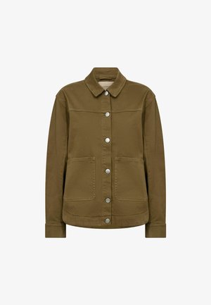 Olivgrüne Jeansjacke mit einem Knopfverschluss, spitzen Kragen, zwei Fronttaschen und langen Ärmeln, mit subtilen Steppdetails.