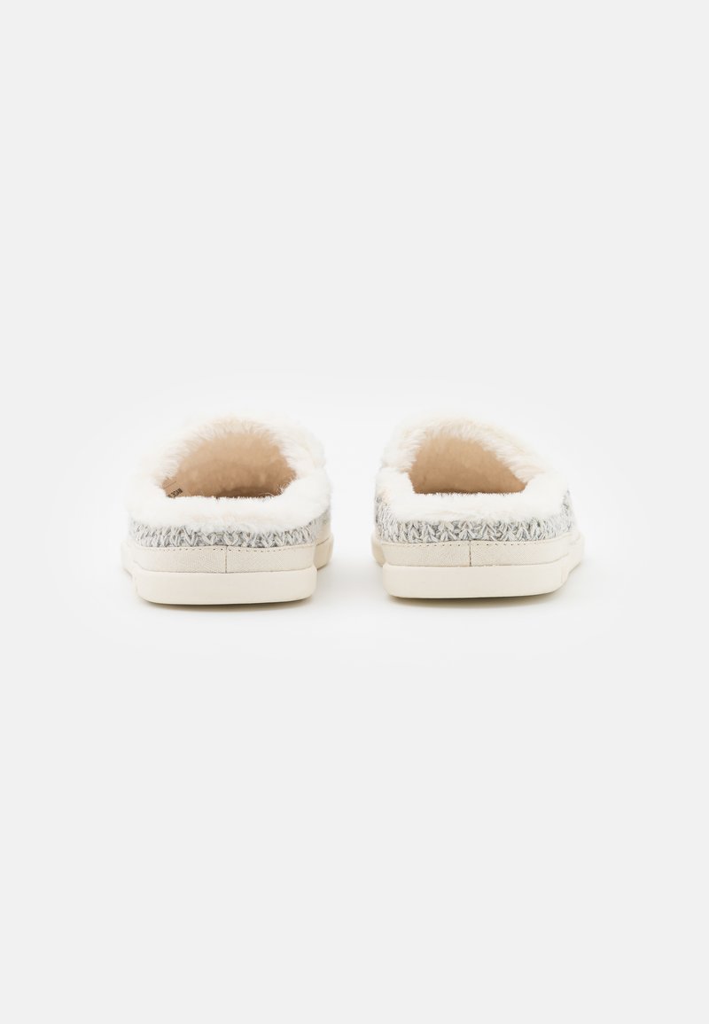 Un paio di pantofole grigie a maglia con fodera bianca e soffice e suole beige, viste dal lato del tallone su sfondo bianco.