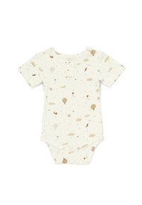 Kurzärmliger Babykörperanzug in Creme mit einem skurrilen Druck von Heißluftballons, Sternen und Drachen. Druckknopfverschluss am Hals und im Schritt.
