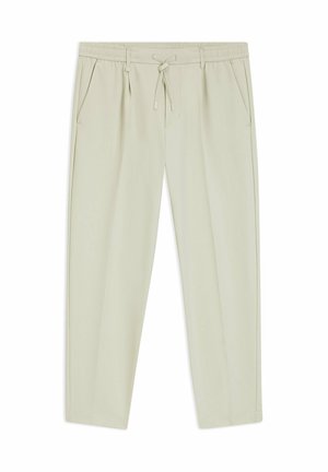 Pantalon décontracté beige clair avec taille élastique, cordon de serrage, poches latérales et jambes droites.