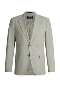 Hellgrauer Herrenblazer mit Kerbkragen, zwei Knöpfen, Pattentaschen und einem schwarzen Markeninnenetikett.