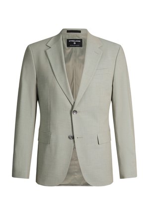 Lichtgrijs herenblazer met inkeping revers, twee knopen, klepzakken en een zwart merklabel aan de binnenkant.