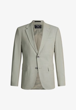 Blazer da uomo grigio chiaro con rever a incavo, due bottoni, tasche con patta e etichetta interna nera con marchio.