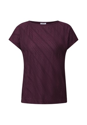 Short-sleeve top in deep purple with a textured wave pattern. Round neckline, loose fit, and soft fabric construction.