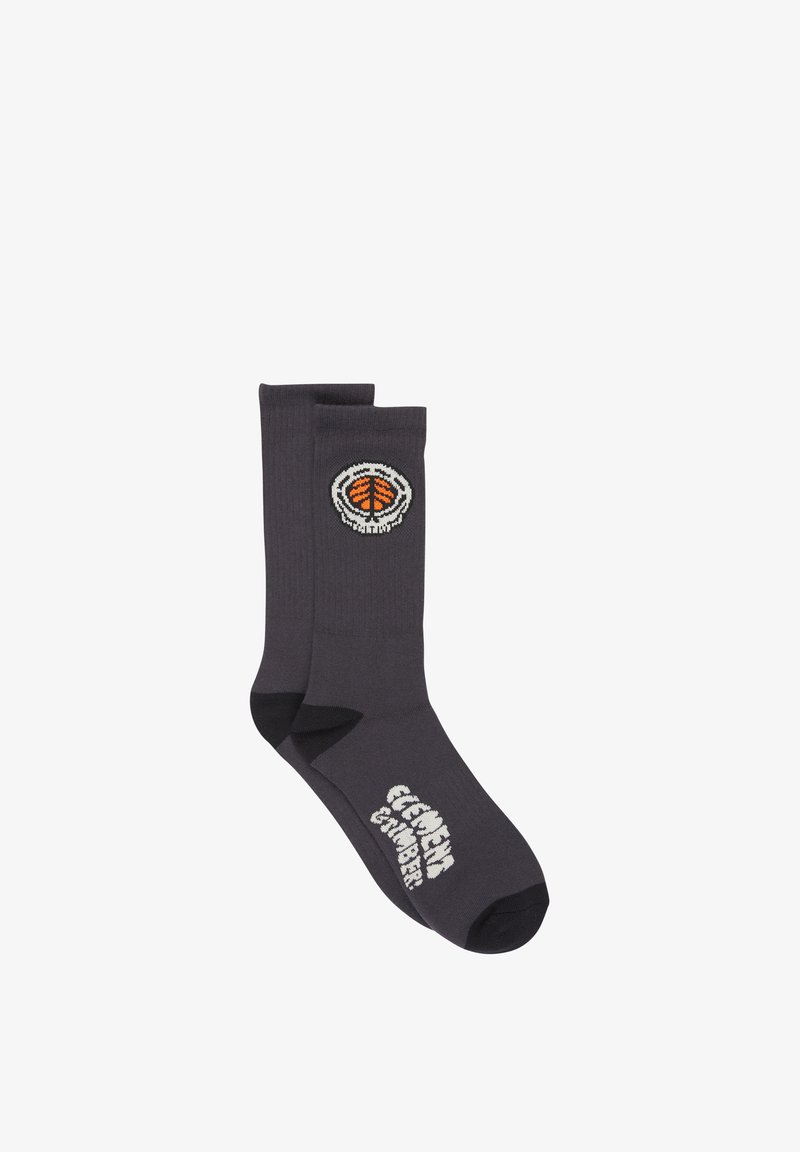 Chaussettes montant gris foncé avec orteils et talons noirs, ornées d'un motif de basketball et du texte "Modern Gambler" en blanc.