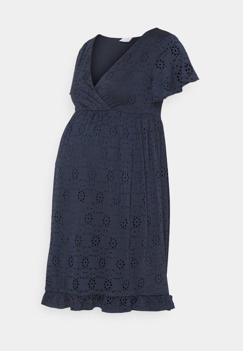 Mörkblå gravidklänning med v-hals, korta ärmar och broderade detaljer. Utsvängd bål med volangkant för en avslappnad passform.