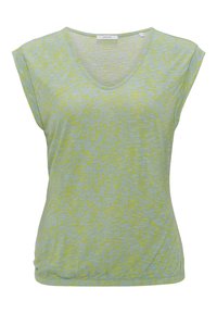 Svetle modrý top bez rukávů s V-výstřihem, žlutým abstraktním vzorem a jemným drapováním na dolním pravém boku.