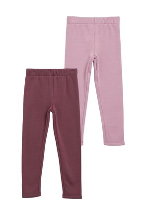 Dwie pary prostych legginsów dla dzieci z elastycznym pasem, jedna w kolorze przydymionego różu, druga w kolorze mauve, pokazane na białym tle.