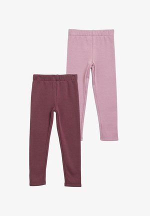 Twee paar effen leggings met elastische taille voor kinderen, één in stoffig roze en één in mauve, afgebeeld op een witte achtergrond.