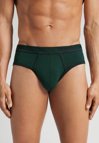 Zielone bawełniane slipki z czarnym elastycznym paskiem oferującym nazwę marki, zapewniające dopasowany krój i gładką teksturę.