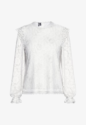 Valge pitsist pluus pikkade varrukatega, lillemustriga, laineline kaelus ja volangidega randmed. Kerge ja tekstuuriga kangas. Tagumine tõmbluku sulgemine.