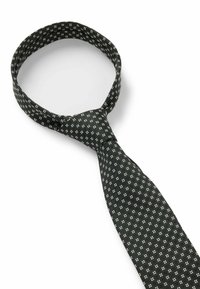 Black tie with a patterned texture featuring small white squares and dots. Made of fabric, it has a standard shape and smooth appearance.