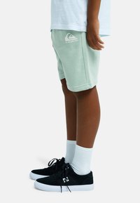 Παιδί που φοράει ανοιχτοπράσινα σορτς με το λογότυπο Quiksilver, λευκές κάλτσες κ αι μαύρα αθλητικά παπούτσια με λευκές σόλες, στέκεται μπροστά σε απλό φόντο.