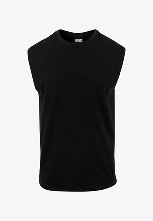 Sort ærmeløs t-shirt lavet af bomuld, med rund halsudskæring og en glat tekstur med lige snit. Ingen synlige mønstre.