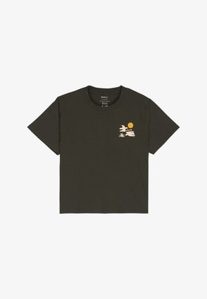 Dark green short-sleeve t-shirt with small beige abstract shapes, a yellow sun, and "RVCA" text on the upper left chest.