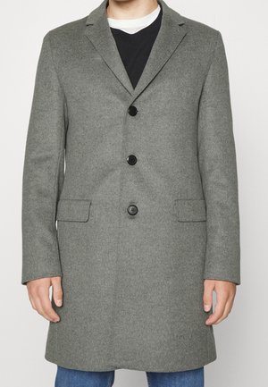 Grau Wollmantel mit Reverskragen, drei schwarzen Knöpfen und zwei Vorder-taschen, mit gerader Passform und glatter Textur.