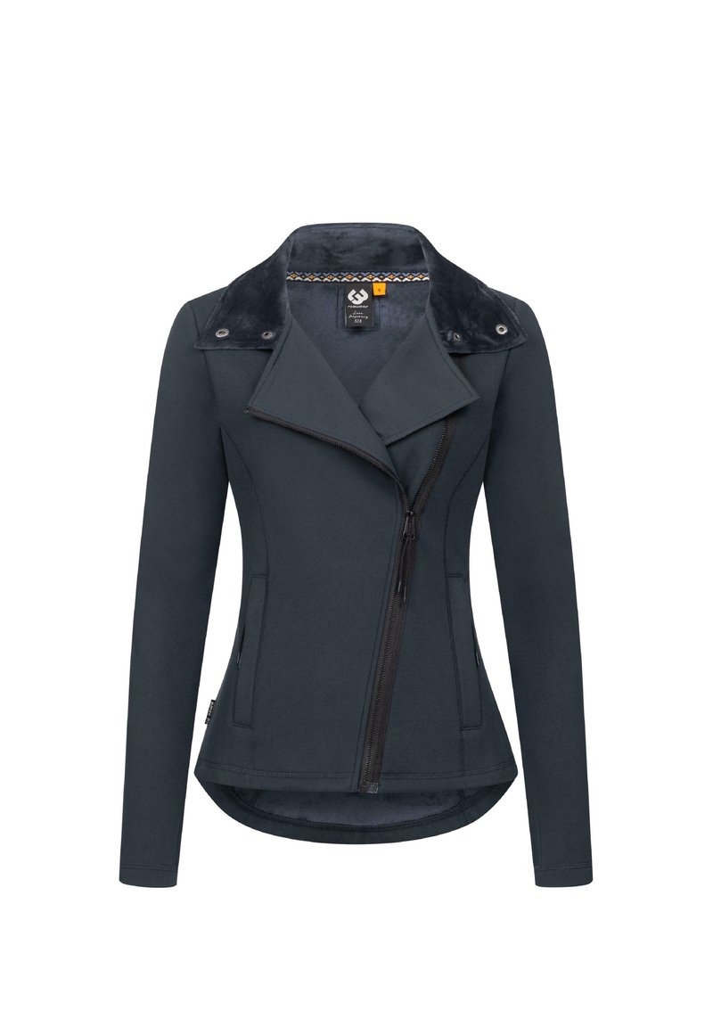 Tmavošedý blazer s golierom podšitým čiernou farbou. Obsahuje diagonálny zips, dve predné vrecká a mierne zakrivený lem. Mäkká textúra materiálu.